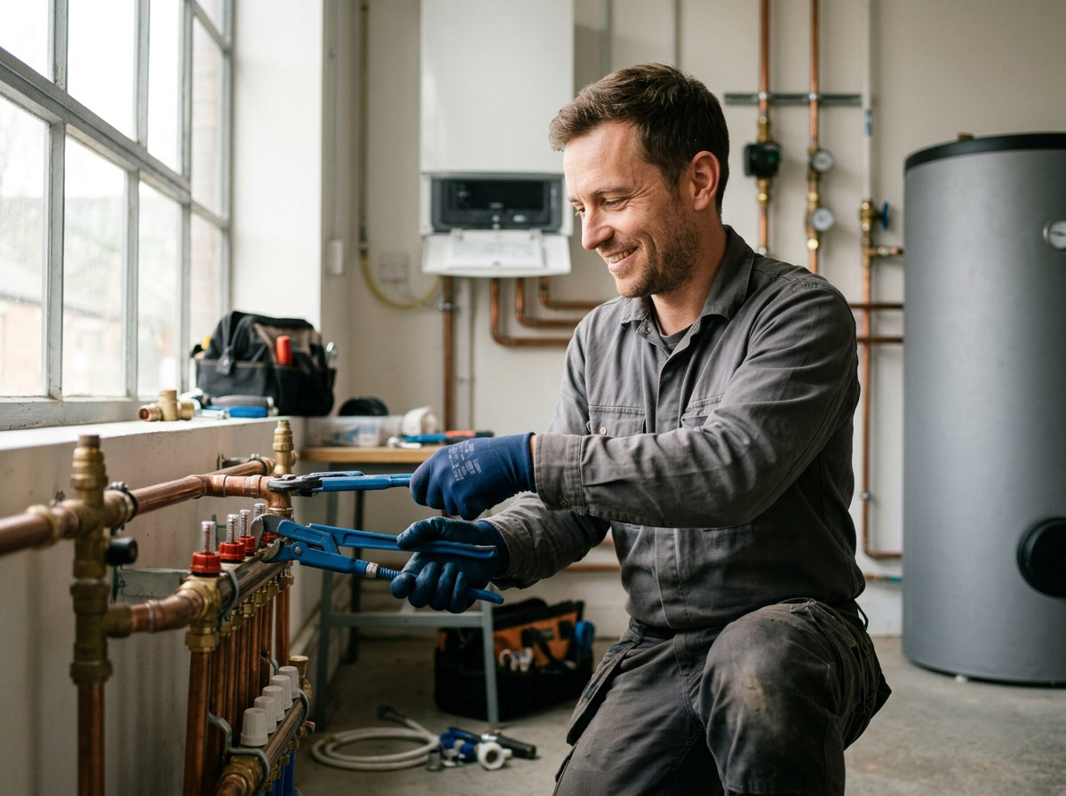 Handwerker prüft einen Wasseranschluss