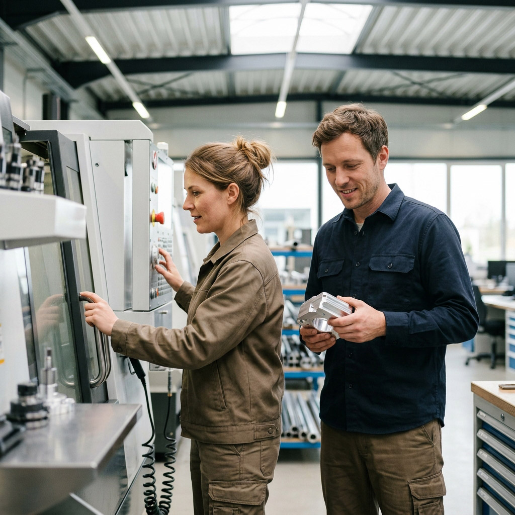 Facharbeiter an einer Maschine in der Produktion