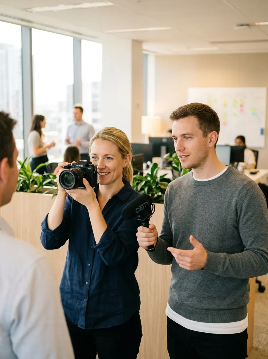 Team von Social Talent Hive im Gespräch während eines Drehtags